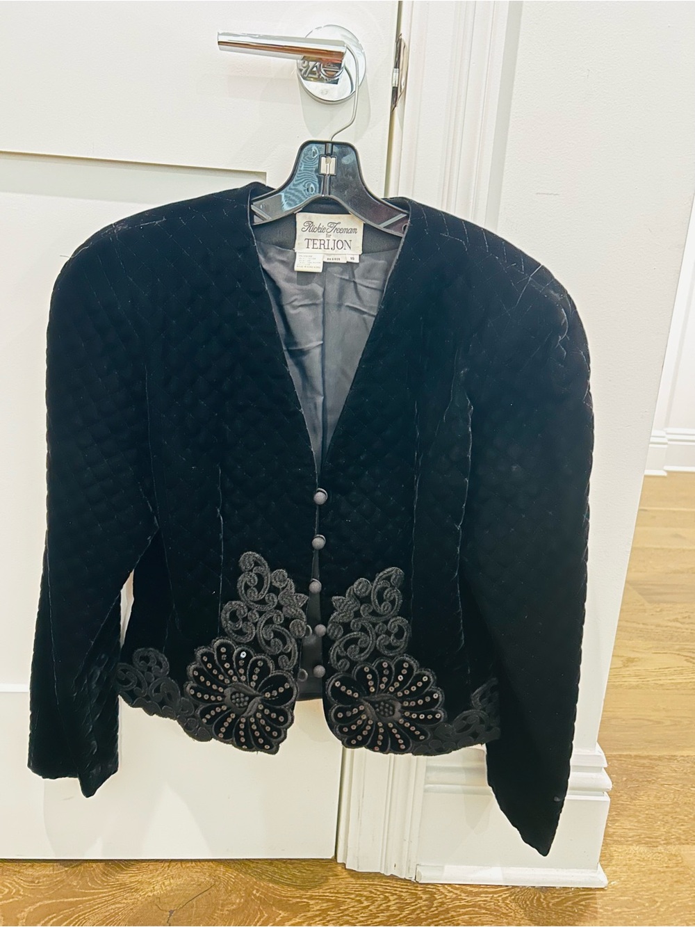 Teri Jon Black Quilted Velvet Embellished Tailored Jacket